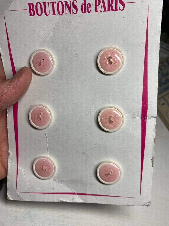 Set of 6 pink and white 2 hole very pretty French buttons 