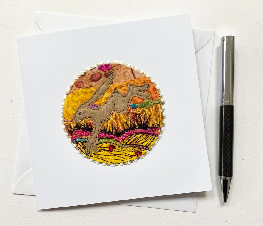 Embroidered up-cycled running hare spring Easter card. 