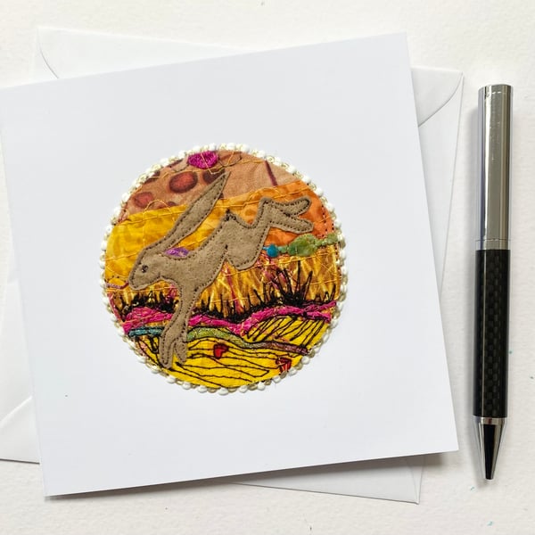 Embroidered up-cycled running hare spring Easter card. 