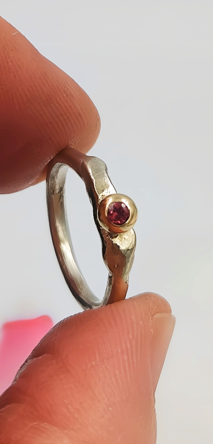 Molten Silver Pinky Ring with Gold Granule and Garnet