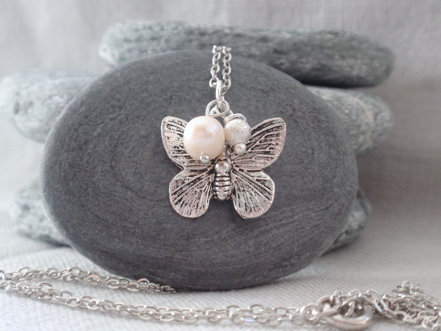 SALE Butterfly Necklace with freshwater pearl and silver plated stardust bead