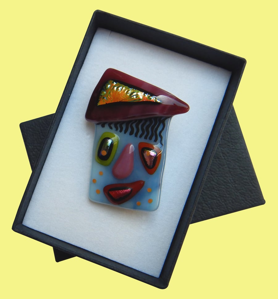 HANDMADE FUSED DICHROIC GLASS 'BEAUTY IS IN THE EYE OF THE BEHOLDER' BROOCH.