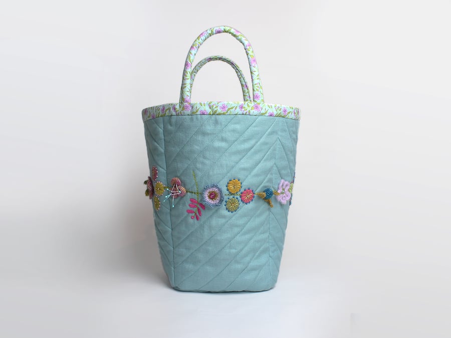 Aqua linen project bag with posy chain embroidery