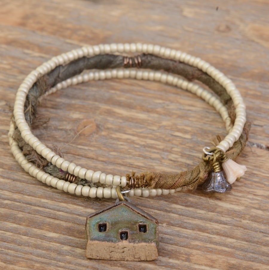 Memory Wire Seed Bead Bracelet with Sari Silk Ribbon and Raku House