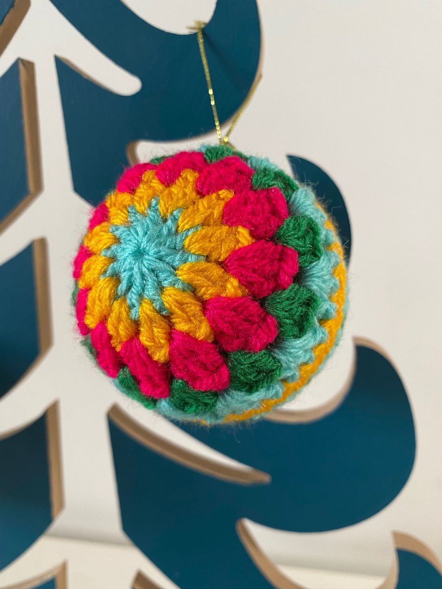 Set of 3 crochet Christmas baubles - turquoise and yellow
