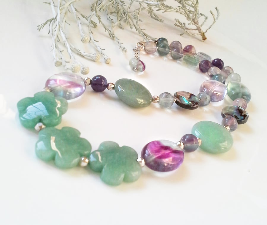 Rainbow Fluorite,  Aventurine,  Abolony Shell Sterling Silver Necklace