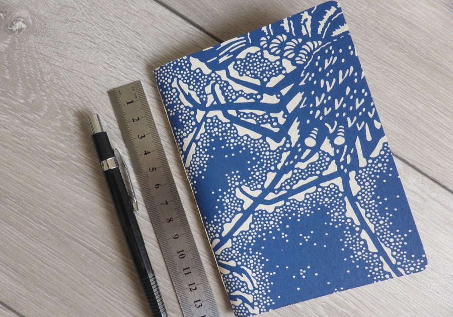 Small hand bound A6 notebook journal sketchbook in blue Japanese patterned cover