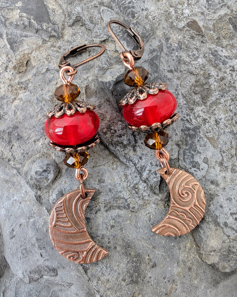 Handmade Copper and Red Hot Lampwork  Earrings