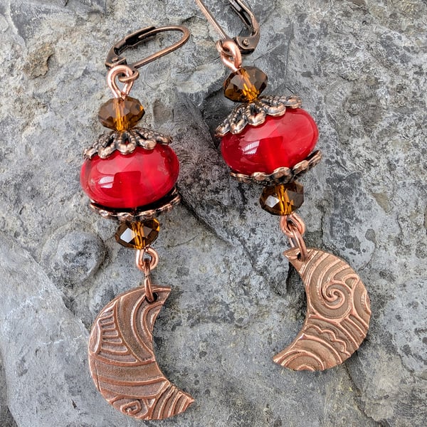 Copper and Red Hot Lampwork  Earrings