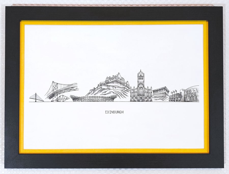 Edinburgh Cityscape Handmade Unique Framed A3 Print Yellow Border Wallart Gift