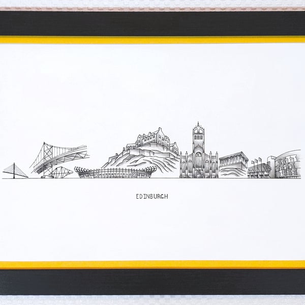Edinburgh Cityscape Handmade Unique Framed A3 Print Yellow Border Wallart Gift