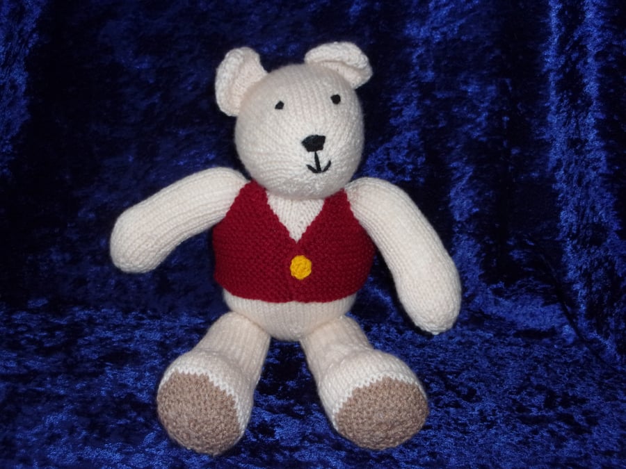 Hand Knitted Teddy Bear in Burgundy Waistcoat
