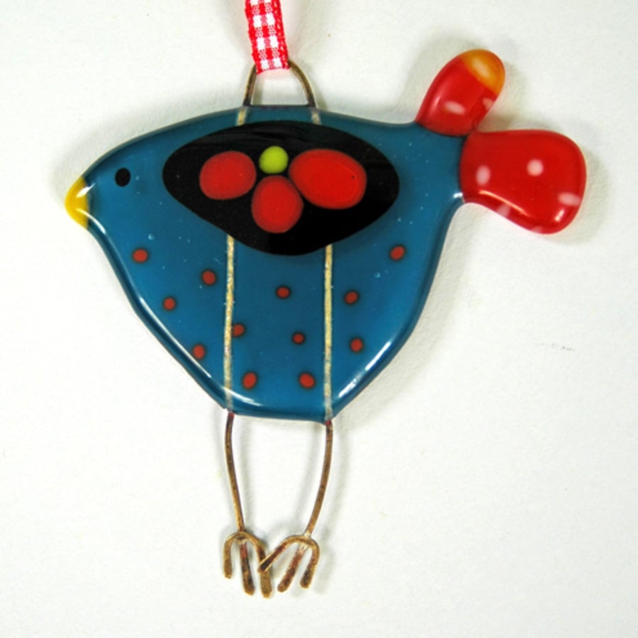 Blue, Red and Black Spotty Glass Bird Decoration