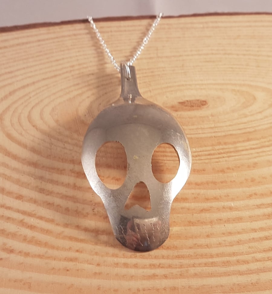 Upcycled Silver Plated Large Pierced Skull Spoon Necklace SPN021707