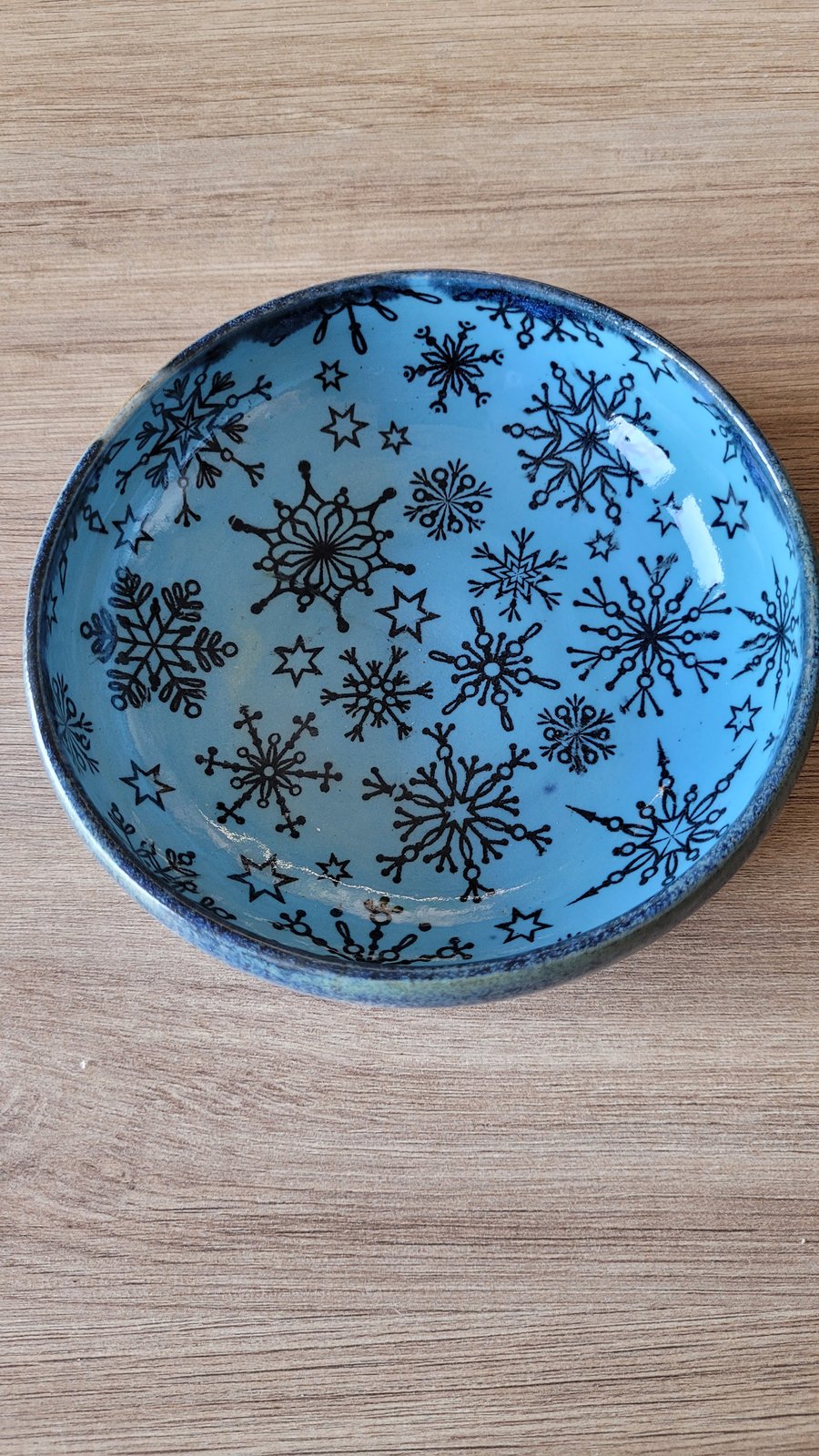 Blue Trinket Dish with Snowflake Pattern Handmade Pottery