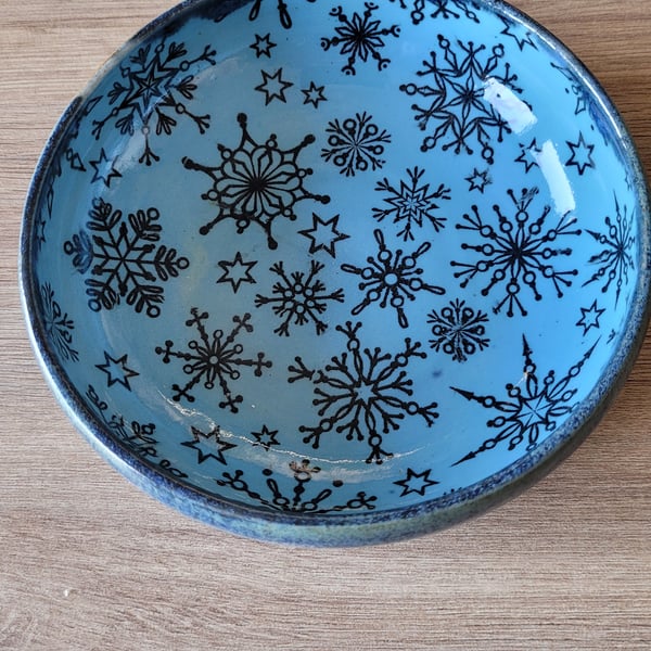 Blue Trinket Dish with Snowflake Pattern Handmade Pottery