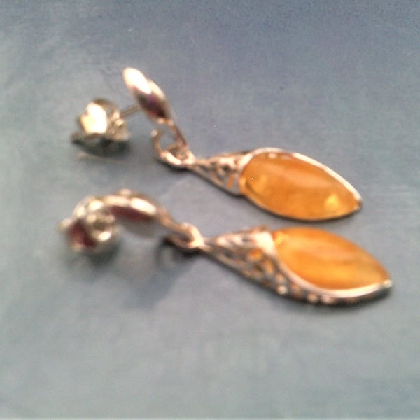 Yellow Baltic Amber Earrings, Butterscotch Amber, Sterling Silver Drop Earrings