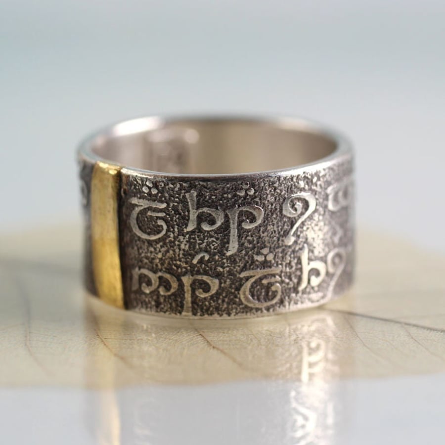Wide Silver Band Ring with Gold Detail - Elven Runes