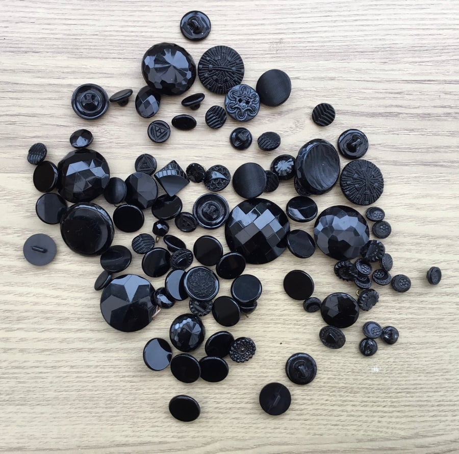 Huge Quantity of Mixed Vintage Black Glass Buttons for Crafting Project.