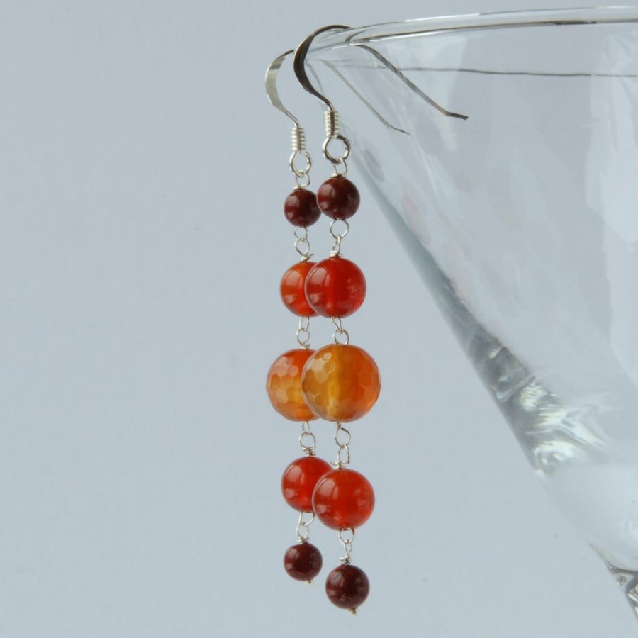 Long orange red beaded sterling silver earrings (carnelian and mookaite)