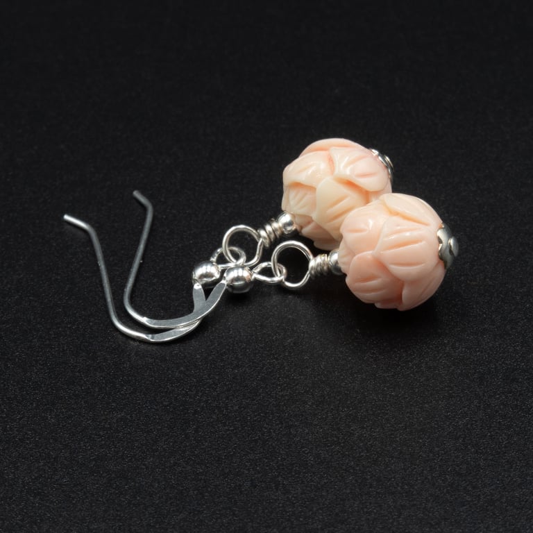 Carved shell gemstone earrings, pale pink silver earrings.