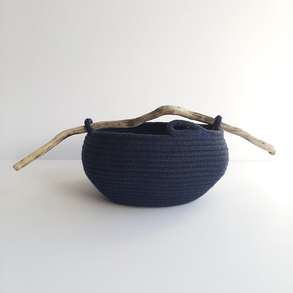 Newtown Bowl, navy coloured coiled rope bowl with driftwood handle