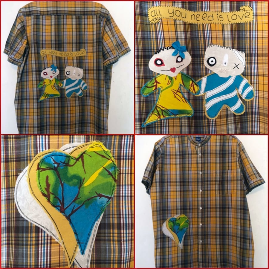 Re-Created Shirt with Playful ZOMBIE Love Appliqué – Wearable Art (Large)