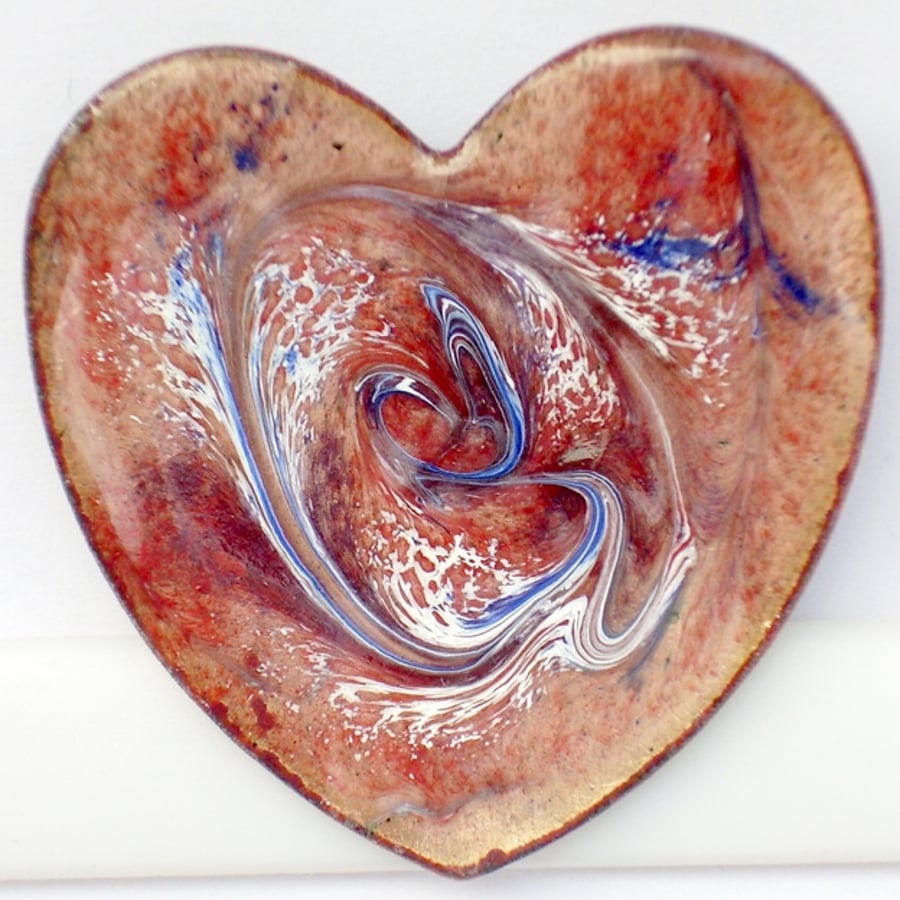 Heart shape brooch - scrolled blue, white, on red over clear