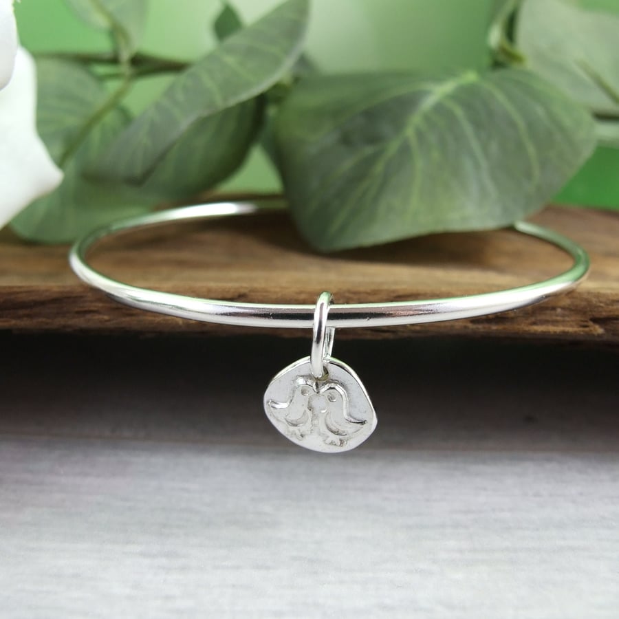 Sterling Silver Bangle with Love Bird Charm. Recycled Silver Fully Hallmarked