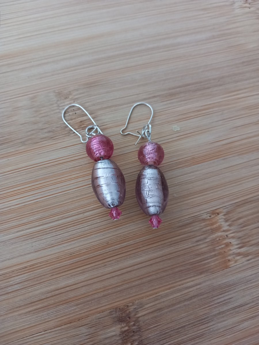 Pink glass lampwork beaded silver plated earrings for pierced ears