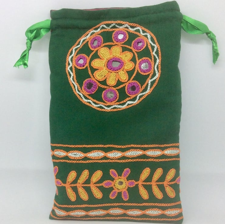 Potli, drawstring bag, green, embellished with ... - Folksy