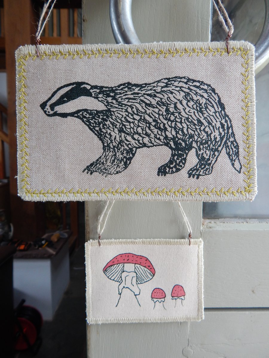 Badger and red toadstool - 2 fabric hangers -