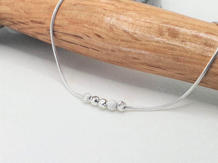 Sterling Silver Beaded Bracelet, Minimalist Bracelet with Textured Silver Beads