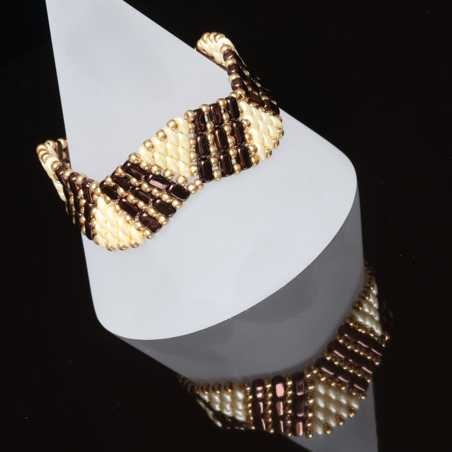 Wavy Bronze, Cream and Gold Cuff Bracelet