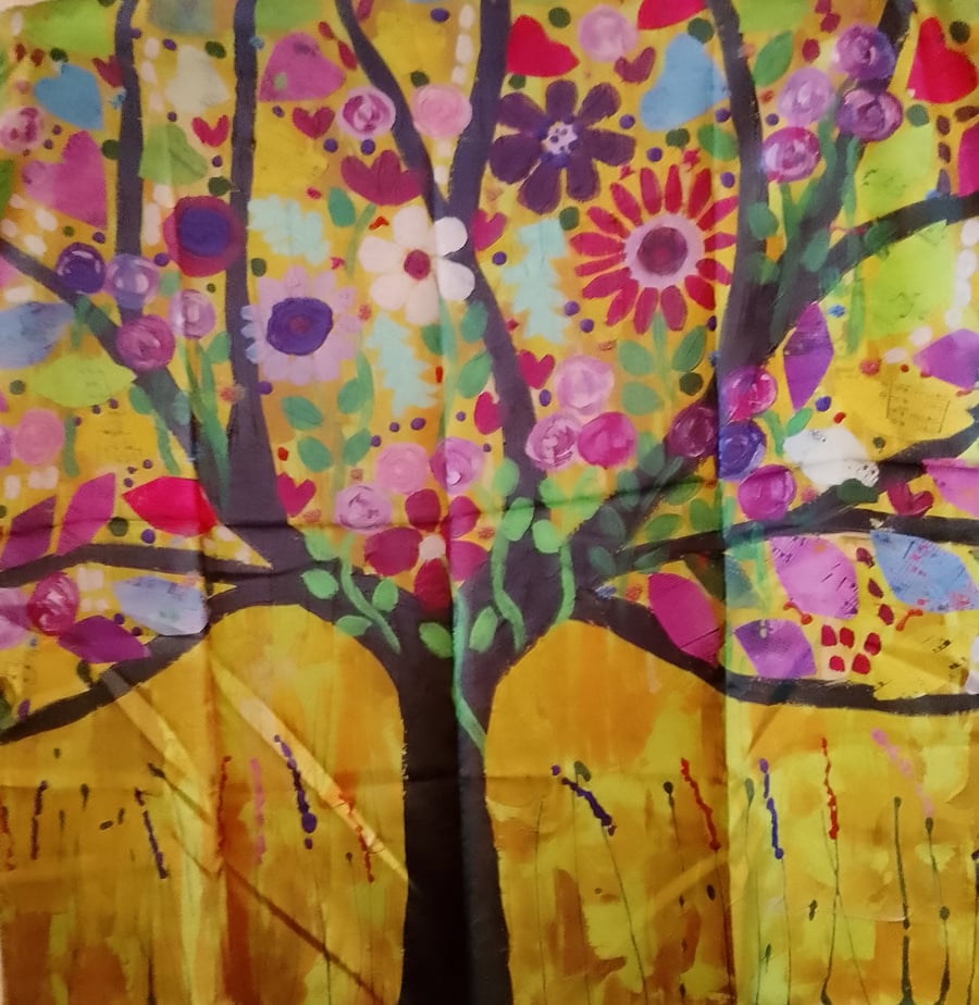 Colourful Tree of Life in a yellow Sky Silk scarf 90cm x 90 cm