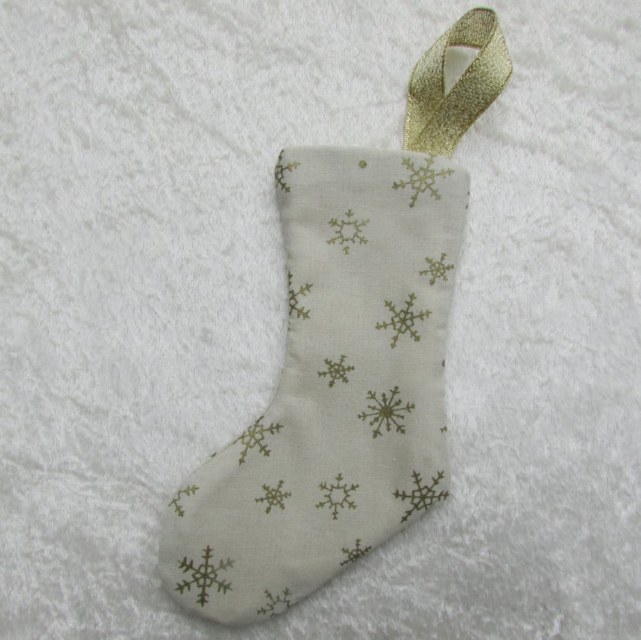 SALE - Small cream and gold snowflake print Christmas stocking tree decoration
