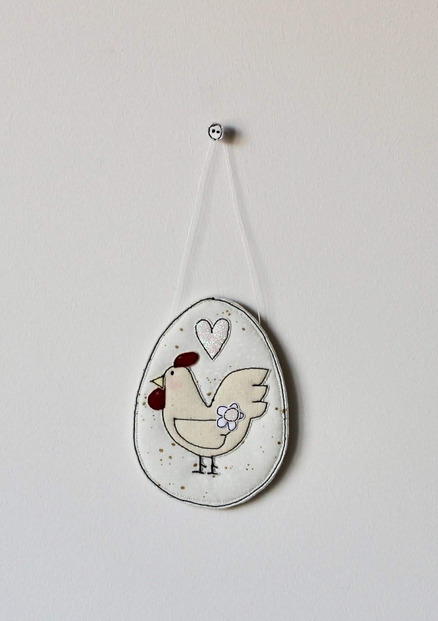 'Chicken on a Cream Egg with a White Glitter Heart 7' - Hanging Decoration