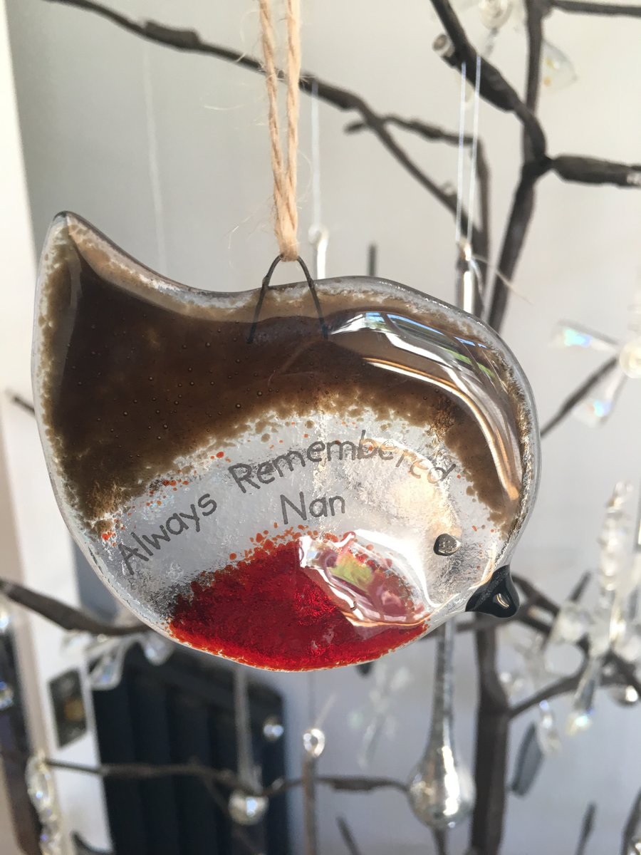 Handmade Fused Glass "Always Remembered Nan" Robin Christmas Decoration
