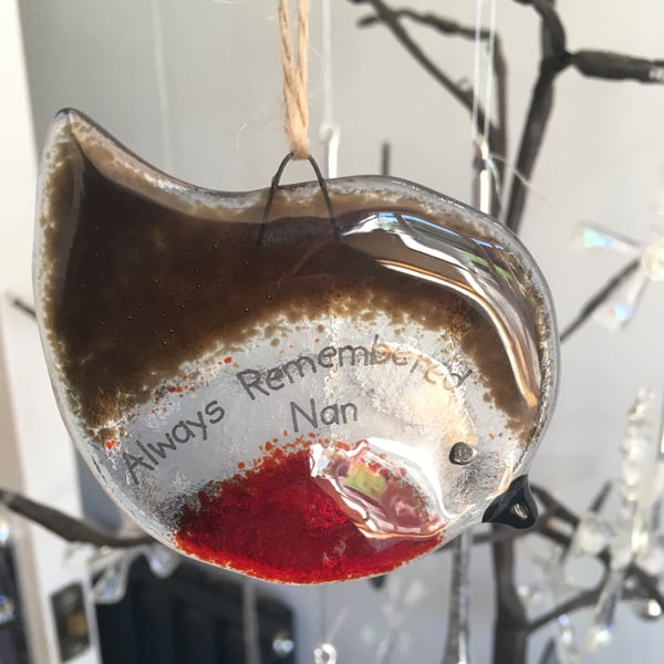 Handmade Fused Glass "Always Remembered Nan" Robin Christmas Decoration