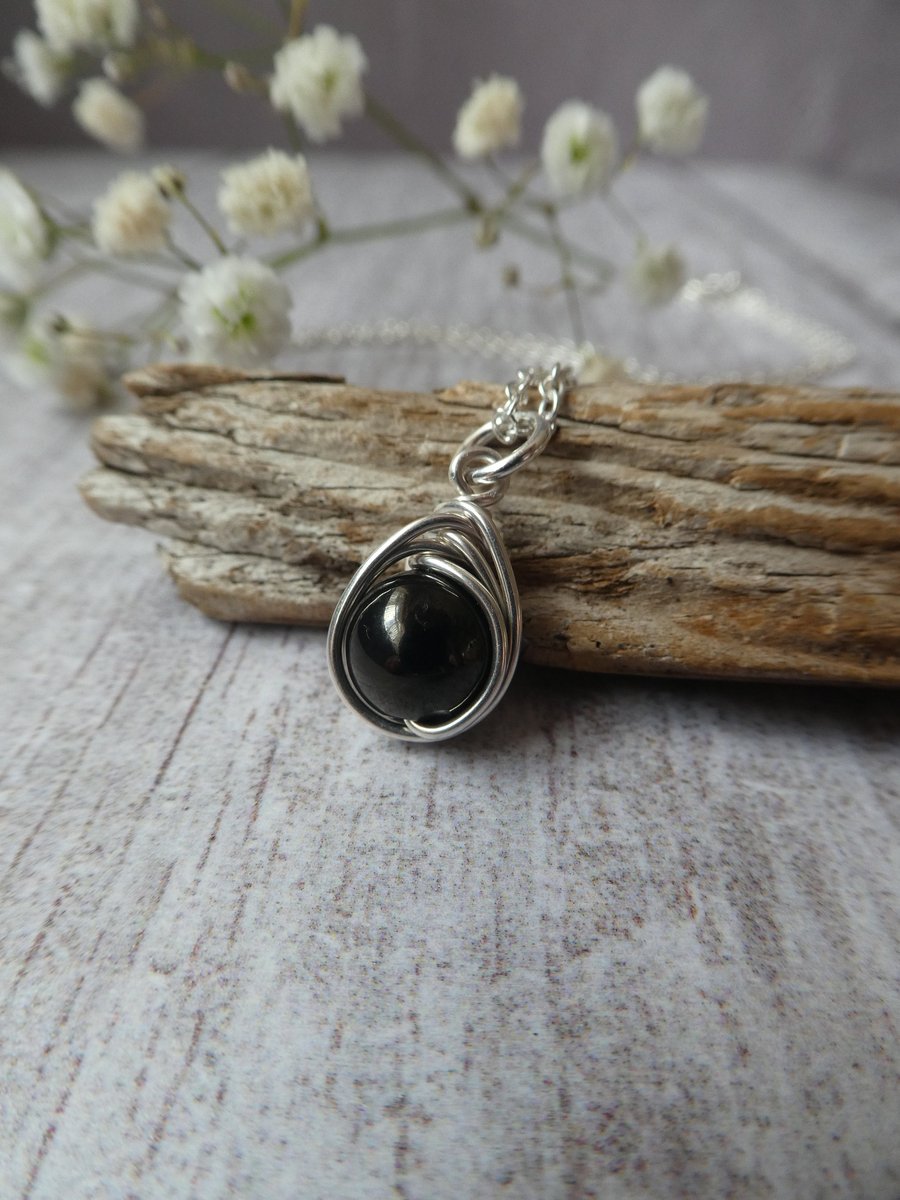 Jet pendant in sterling silver, silver and jet pendant, genuine jet necklace