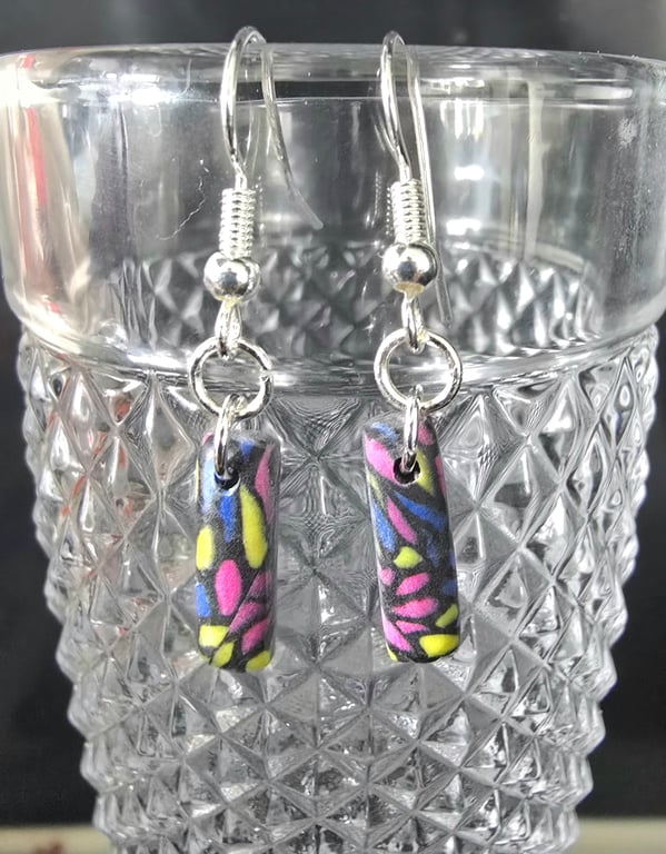 Polymer clay stained glass inspired mini drop earrings on silver plated earhooks