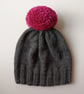 Bobble Hat in Grey Chunky Yarn with Pink Pom Pom - Image 4
