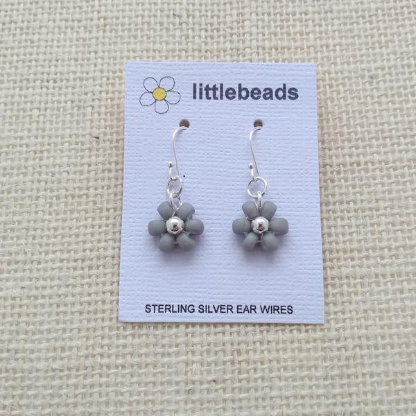 Grey and Silver Daisy Beaded Sterling Silver Earrings