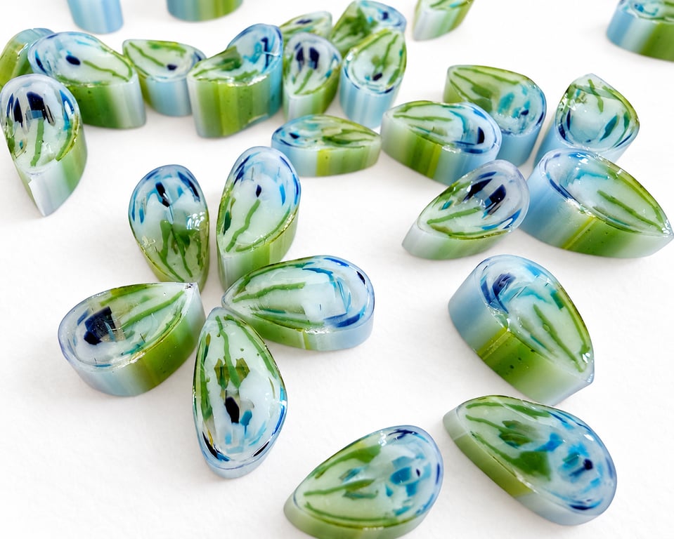 50g blue green streaky petal murrini made with Bullseye 90coe glass