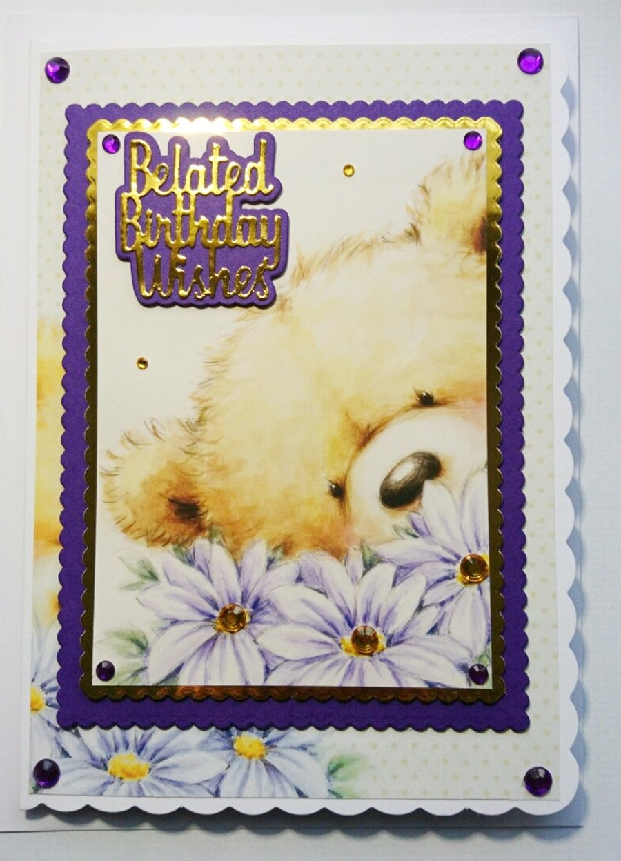 Belated Birthday Card Wishes Cute Teddy Bear Flowers 3D Luxury Handmade Card 