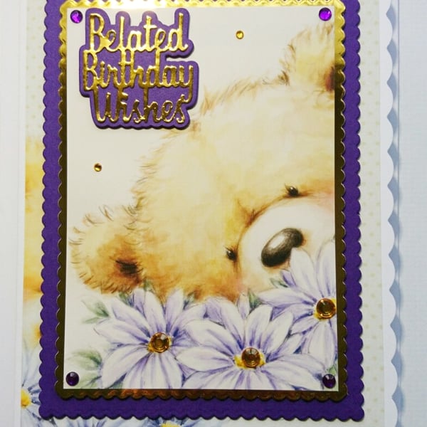 Belated Birthday Card Wishes Cute Teddy Bear Flowers 3D Luxury Handmade Card 