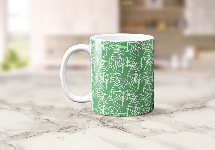 Green and White Triangle Geometric Design Mug, Tea Coffee Cup