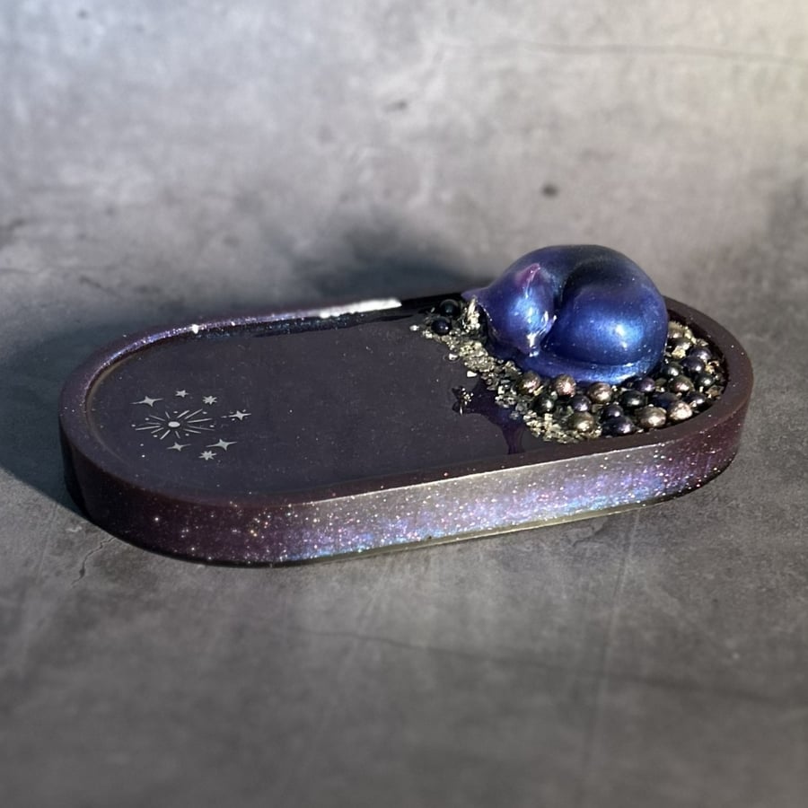 Celestial Resin Tray with Sleeping Feline Spirit - The Dreaming
