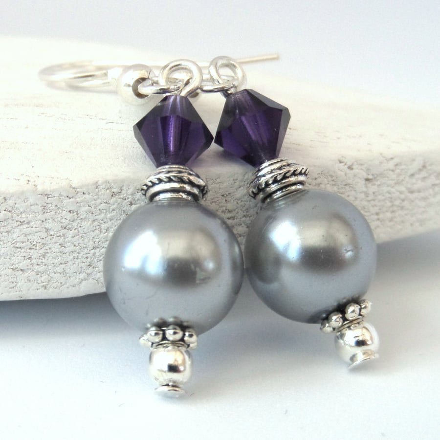 Silver shell pearl and purple crystal earrings