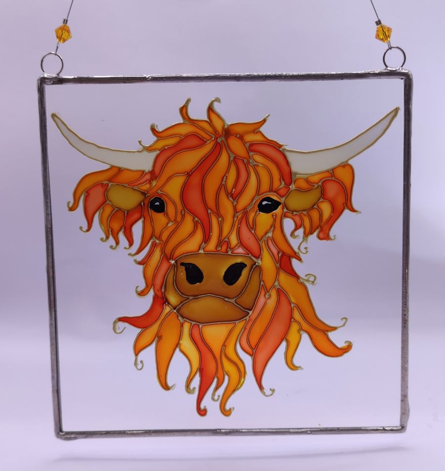Handmade glass painted window hanging, Highland Cow